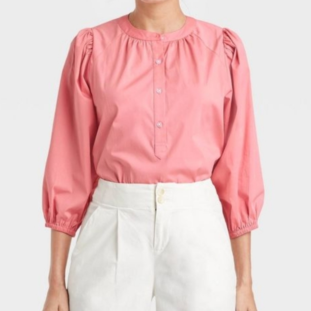 💕2/$20💕A New Day NWT Women's S Pink Puff 3/4 Sleeve Button Up Crewneck Blouse‎